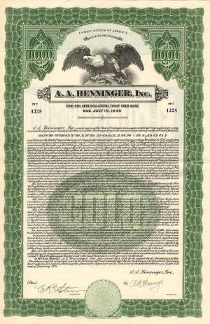 A.A. Henninger, Inc. - $1,000 Bond (Uncanceled)